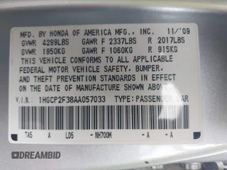 2010 Honda Accord LX with VIN 1HGCP2F38AA057033, listed as a IAAI auction lot 42679665 with 159,431 mi miles and . Bid and sale history available at DreamBid. Image 9.