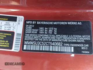 2012 MINI Hardtop with VIN WMWSU3C52CT540682, listed as a IAAI auction lot 41263749 with 69,292 mi miles and . Bid and sale history available at DreamBid. Image 9.