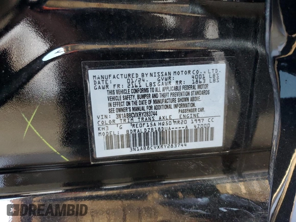 2024 Nissan Sentra SV with VIN 3N1AB8CVXRY283744, listed as a Copart auction lot 58761425 with 22,055 mi miles and Salvage title. Bid and sale history available at DreamBid. Image 13.