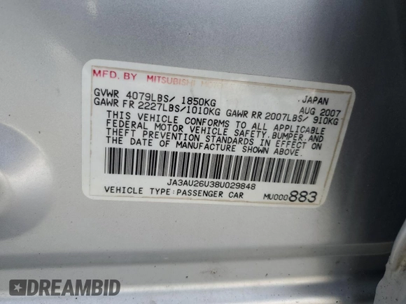 2008 Mitsubishi Lancer DE with VIN JA3AU26U38U029848, listed as a Copart auction lot 77361994 with 165,833 mi miles and Salvage Title. Bid and sale history available at carsss.com. Image 13.