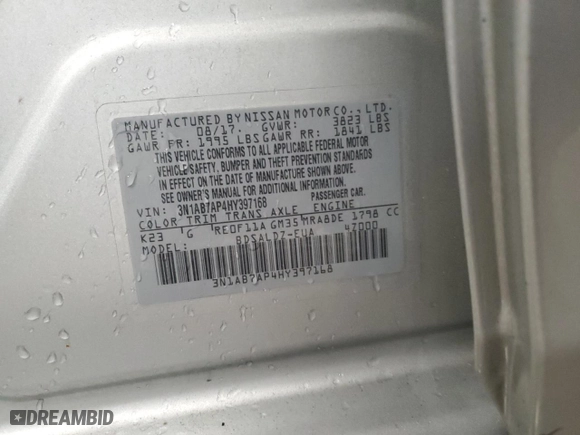 2017 Nissan Sentra SV with VIN 3N1AB7AP4HY397168, listed as a Copart auction lot 50244825 with 73,753 mi miles and Clean Title. Bid and sale history available at carsss.com. Image 12.