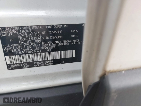 2022 Toyota RAV4 XLE Premium z VIN 2T3A1RFV4NW287421, wystawiony jako IAAI lot #42602371 z przebiegiem 59 294 mil mil oraz . Historia ofert i sprzedaży dostępna na DreamBid. Obrazek 9.