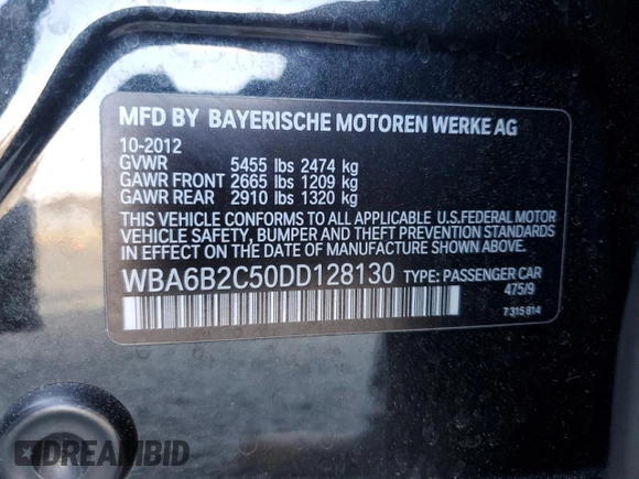 2013 BMW 6 Series 650i with VIN WBA6B2C50DD128130, listed as a Copart auction lot 46718645 with 123,540 mi miles and Salvage Title. Bid and sale history available at DreamBid. Image 14.
