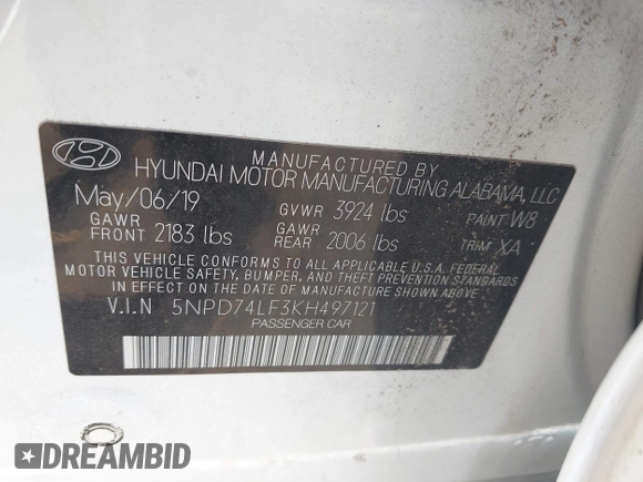 2019 Hyundai Elantra SE with VIN 5NPD74LF3KH497121, listed as a IAAI auction lot 42116946 with 80,657 mi miles and . Bid and sale history available at DreamBid. Image 9.
