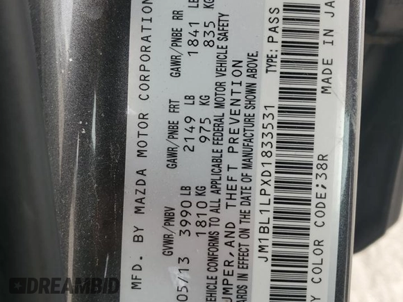 2013 Mazda 3 i Touring with VIN JM1BL1LPXD1833531, listed as a Copart auction lot 46881095 with 166,529 mi miles and Salvage Title. Bid and sale history available at carsss.com. Image 14.