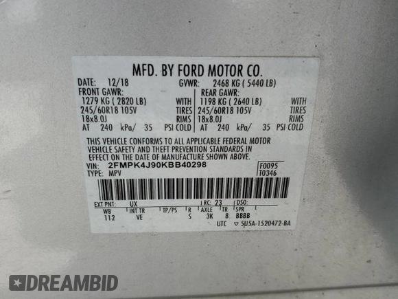 2019 Ford Edge SEL with VIN 2FMPK4J90KBB40298, listed as a Copart auction lot 56953585 with 110,639 mi miles and Salvage title. Bid and sale history available at DreamBid. Image 13.