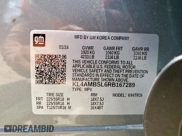 2024 Buick Encore GX Preferred с VIN KL4AMBSL6RB167289, выставлен на аукционе Copart как лот 58728565 с пробегом 8 456 миль миль и Списание • Salvage title. История ставок и продаж доступна на DreamBid. Изображение 13.