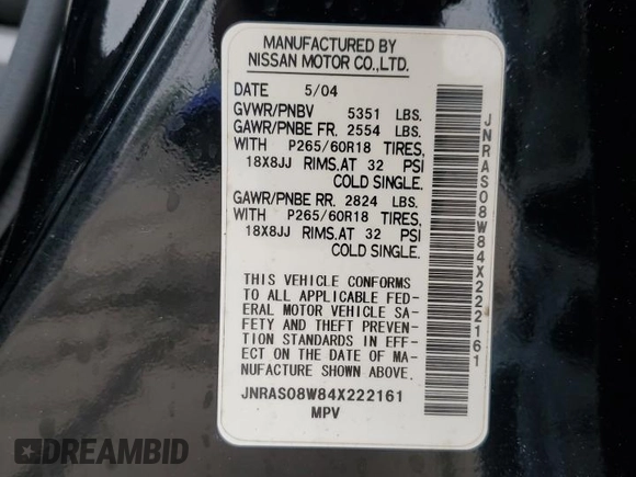 2004 Infiniti FX with VIN JNRAS08W84X222161, listed as a Copart auction lot 62659545 with 154,888 mi miles and Clean title. Bid and sale history available at DreamBid. Image 13.