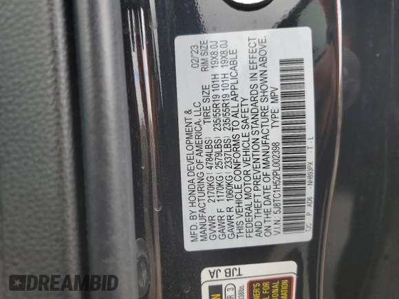 2023 Acura RDX Technology with VIN 5J8TC1H52PL002398, listed as a Copart auction lot 78866454 with 9,797 mi miles and Salvage title. Bid and sale history available at DreamBid. Image 13.
