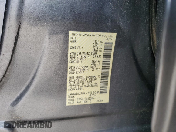 2017 Nissan Titan SV with VIN 1N6AA1EJ3HN543508, listed as a Copart auction lot 60739735 with 170,165 mi miles and Clean title. Bid and sale history available at DreamBid. Image 12.