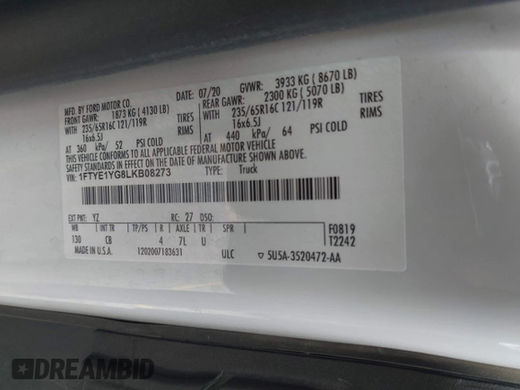 2020 Ford Transit Cargo with VIN 1FTYE1YG8LKB08273, listed as a IAAI auction lot 42306747 with 181,121 mi miles and . Bid and sale history available at DreamBid. Image 9.