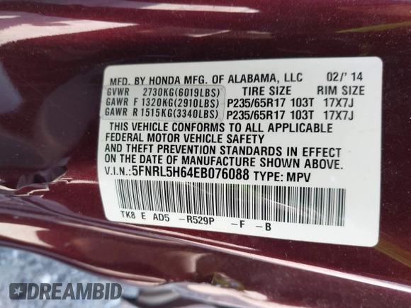 2014 Honda Odyssey EX-L z VIN 5FNRL5H64EB076088, wystawiony jako IAAI lot #42144781 z przebiegiem 174 135 mil mil oraz . Historia ofert i sprzedaży dostępna na DreamBid. Obrazek 9.