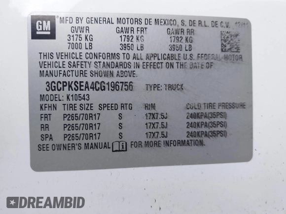 2012 Chevrolet Silverado 1500 LT with VIN 3GCPKSEA4CG196756, listed as a IAAI auction lot 41678088 with 177,984 mi miles and . Bid and sale history available at DreamBid. Image 9.