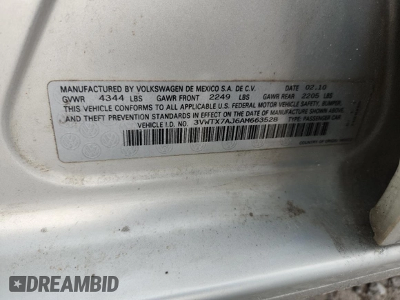 2010 Volkswagen Jetta SE with VIN 3VWTX7AJ6AM663528, listed as a Copart auction lot 60708905 with 225,952 mi miles and Clean title. Bid and sale history available at DreamBid. Image 12.