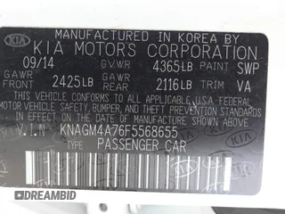 2015 Kia Optima LX with VIN KNAGM4A76F5568655, listed as a IAAI auction lot 42552279 with Not provided miles and . Bid and sale history available at DreamBid. Image 9.