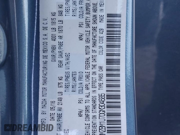 2016 Mazda 3 i Sport with VIN 3MZBM1U70GM304685, listed as a Copart auction lot 46882935 with 132,296 mi miles and Salvage Title. Bid and sale history available at DreamBid. Image 12.