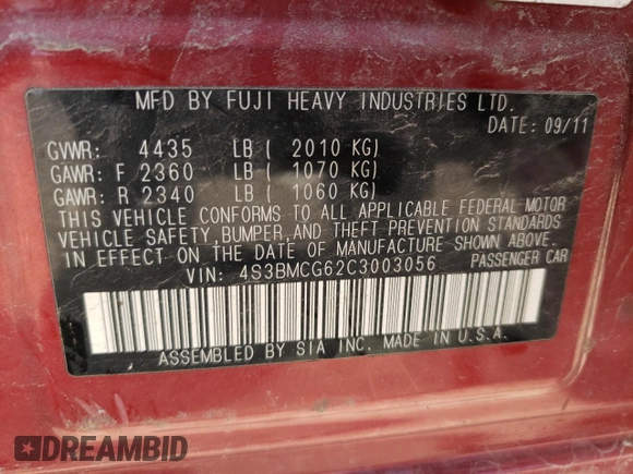 2012 Subaru Legacy 2.5i Premium with VIN 4S3BMCG62C3003056, listed as a Copart auction lot 54198665 with 123,545 mi miles and Salvage Title. Bid and sale history available at carsss.com. Image 12.