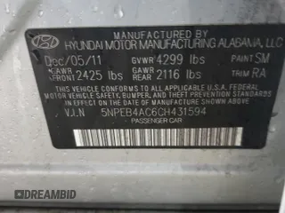 2012 Hyundai Sonata GLS with VIN 5NPEB4AC6CH431594, listed as a Copart auction lot 50469265 with 184,767 mi miles and Clean Title. Bid and sale history available at carsss.com. Image 12.