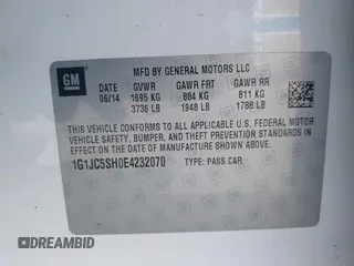 2014 Chevrolet Sonic LT with VIN 1G1JC5SH0E4232070, listed as a IAAI auction lot 41970353 with 140,557 mi miles and . Bid and sale history available at DreamBid. Image 9.