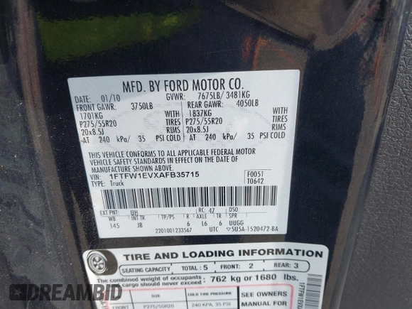 2010 Ford F-150 XL with VIN 1FTFW1EVXAFB35715, listed as a IAAI auction lot 42386240 with 206,535 mi miles and . Bid and sale history available at DreamBid. Image 9.