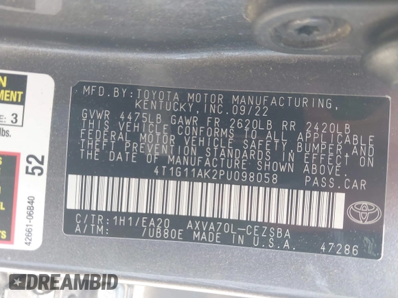 2023 Toyota Camry SE with VIN 4T1G11AK2PU098058, listed as a IAAI auction lot 42001861 with 45,058 mi miles. Bid and sale history available at carsss.com. Image 9.