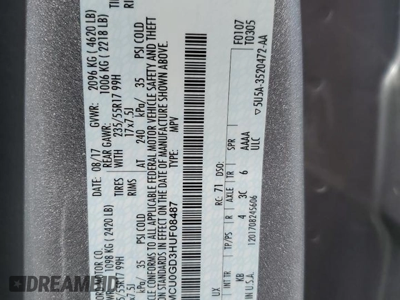 2017 Ford Escape SE with VIN 1FMCU0GD3HUF08487, listed as a Copart auction lot 55144835 with 82,523 mi miles and Clean Title. Bid and sale history available at carsss.com. Image 13.