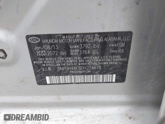 2013 Hyundai Elantra GLS z VIN 5NPDH4AE8DH274678, wystawiony jako IAAI lot #42038774 z przebiegiem 171 504 mil mil oraz . Historia ofert i sprzedaży dostępna na DreamBid. Obrazek 9.