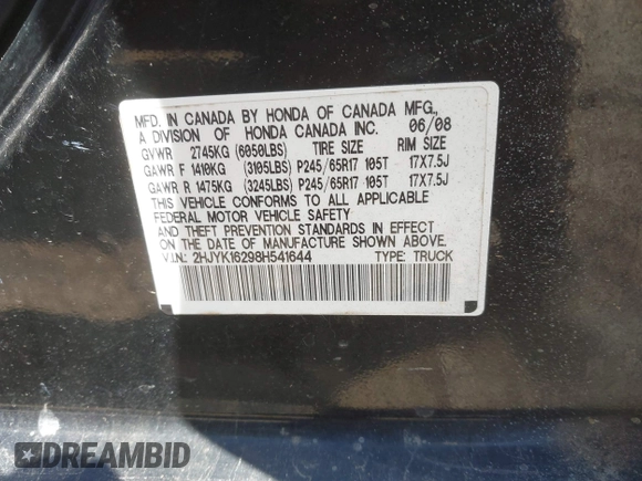 2008 Honda Ridgeline RT с VIN 2HJYK16298H541644, выставлен на аукционе IAAI как лот 41655734 с пробегом 242 628 миль миль и . История ставок и продаж доступна на DreamBid. Изображение 9.