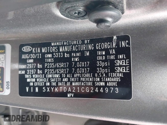 2012 Kia Sorento LX with VIN 5XYKTDA21CG244973, listed as a IAAI auction lot 41268549 with 211,858 mi miles. Bid and sale history available at carsss.com. Image 9.