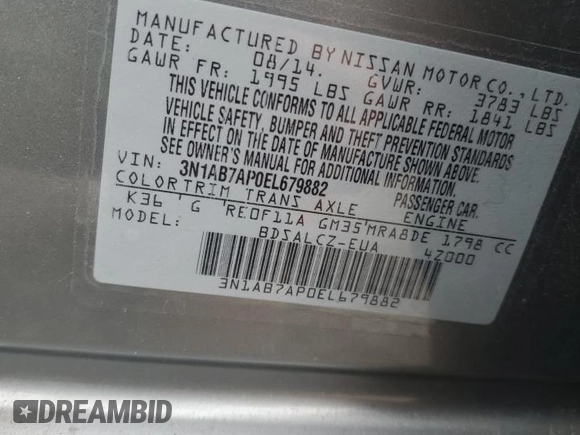 2014 Nissan Sentra SV with VIN 3N1AB7AP0EL679882, listed as a Copart auction lot 48385035 with 141,428 mi miles and Clean title. Bid and sale history available at DreamBid. Image 12.