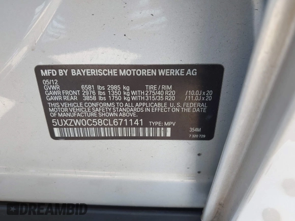 2012 BMW X5 35d with VIN 5UXZW0C58CL671141, listed as a IAAI auction lot 42644381 with 127,464 mi miles and . Bid and sale history available at DreamBid. Image 9.