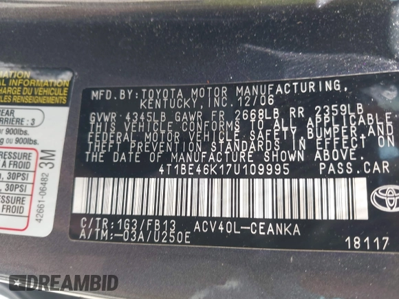 2007 Toyota Camry CE z VIN 4T1BE46K17U109995, wystawiony jako IAAI lot #42473032 z przebiegiem 193 731 mil mil oraz . Historia ofert i sprzedaży dostępna na DreamBid. Obrazek 9.