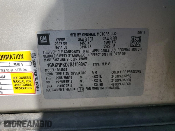 2016 GMC Acadia SLE z VIN 1GKKRPKD7GJ159047, wystawiony jako Copart lot #54823305 z przebiegiem 205 577 mil mil oraz Szkoda całkowita • Salvage title. Historia ofert i sprzedaży dostępna na DreamBid. Obrazek 13.