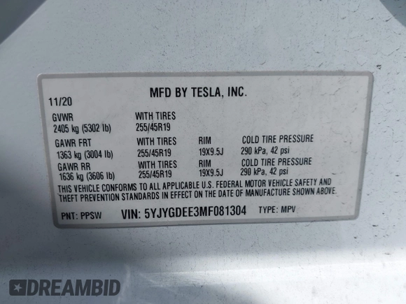2021 Tesla Model Y Long Range with VIN 5YJYGDEE3MF081304, listed as a IAAI auction lot 41706240 with 90,510 mi miles and . Bid and sale history available at DreamBid. Image 9.