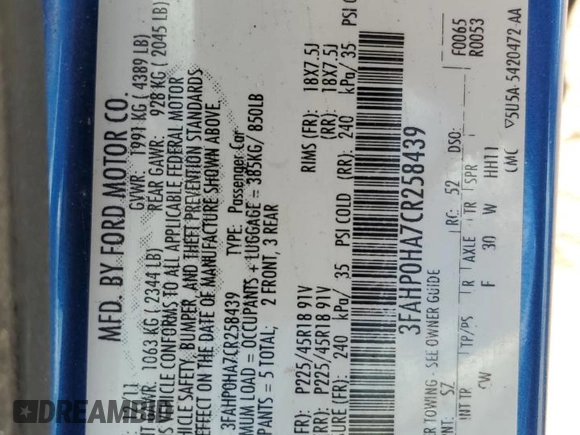 2012 Ford Fusion SE with VIN 3FAHP0HA7CR258439, listed as a Copart auction lot 56538845 with Not provided miles and Salvage title. Bid and sale history available at DreamBid. Image 13.