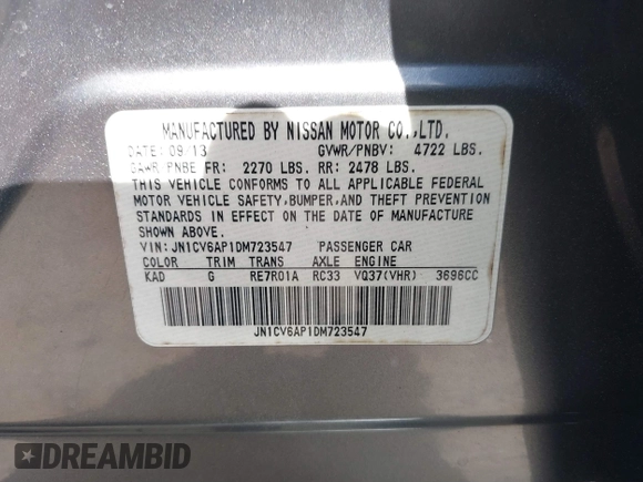 2013 Infiniti G37 Journey with VIN JN1CV6AP1DM723547, listed as a IAAI auction lot 41888824 with 103,437 mi miles and . Bid and sale history available at DreamBid. Image 9.