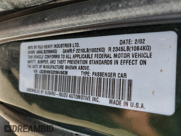2002 Subaru Legacy Outback with VIN 4S3BH665326645636, listed as a Copart auction lot 61762555 with 142,350 mi miles and Salvage title. Bid and sale history available at DreamBid. Image 12.