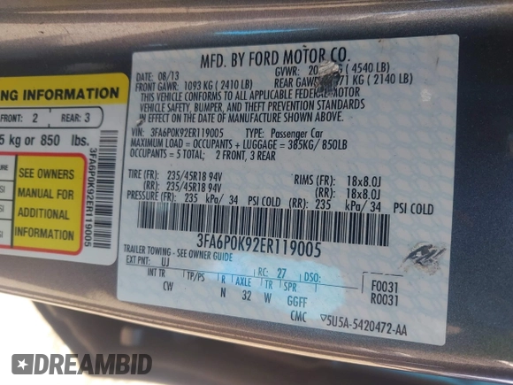 2014 Ford Fusion Titanium with VIN 3FA6P0K92ER119005, listed as a IAAI auction lot 41827178 with 108,959 mi miles. Bid and sale history available at carsss.com. Image 9.