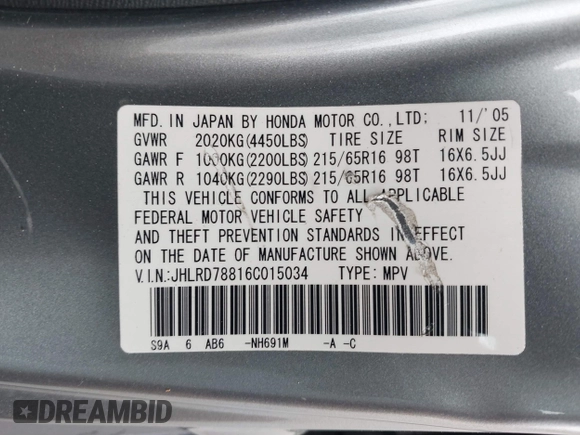 2006 Honda CR-V EX with VIN JHLRD78816C015034, listed as a IAAI auction lot 42121953 with 168,378 mi miles and . Bid and sale history available at carsss.com. Image 9.