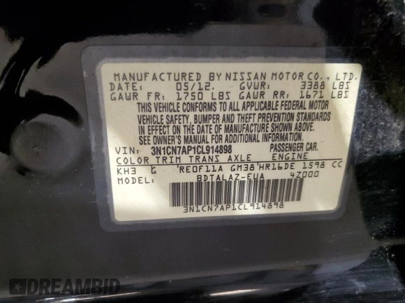 2012 Nissan Versa SV z VIN 3N1CN7AP1CL914898, wystawiony jako Copart lot #59397885 z przebiegiem 85 500 mil mil oraz Szkoda całkowita • Salvage title. Historia ofert i sprzedaży dostępna na DreamBid. Obrazek 12.