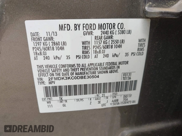 2013 Ford Edge Limited with VIN 2FMDK3KC0DBE30504, listed as a IAAI auction lot 42609803 with 161,433 mi miles and . Bid and sale history available at DreamBid. Image 9.