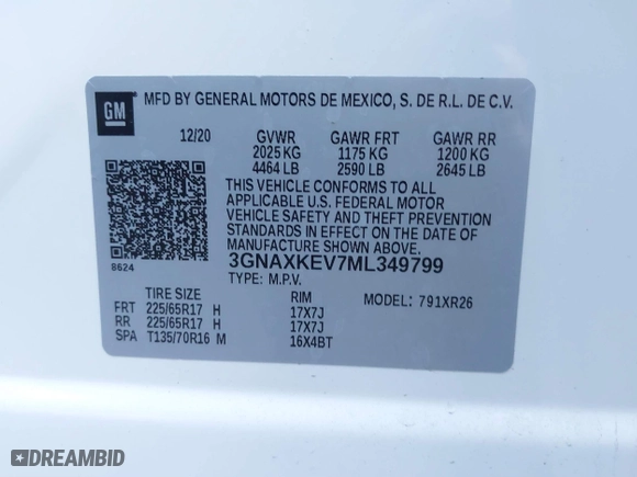2021 Chevrolet Equinox LT with VIN 3GNAXKEV7ML349799, listed as a IAAI auction lot 41230757 with 13,389 mi miles. Bid and sale history available at carsss.com. Image 9.