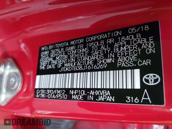 2018 Toyota Prius One z VIN JTDKDTB38J1616269, wystawiony jako IAAI lot #42233140 z przebiegiem 65 608 mil mil oraz . Historia ofert i sprzedaży dostępna na DreamBid. Obrazek 9.
