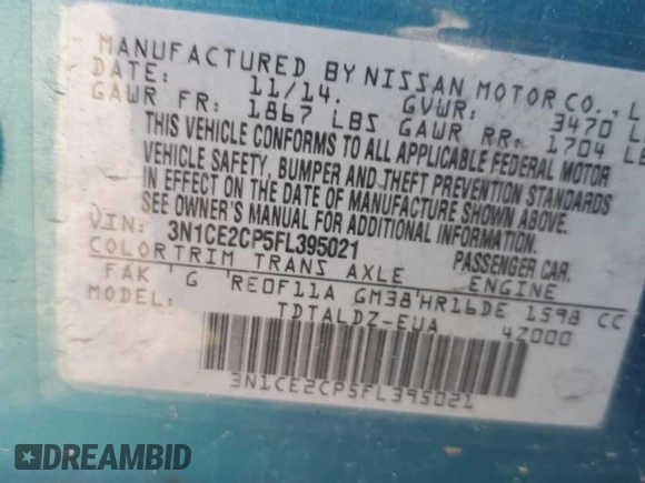 2015 Nissan Note SV with VIN 3N1CE2CP5FL395021, listed as a Copart auction lot 46747585 with 115,388 mi miles and Salvage Title. Bid and sale history available at DreamBid. Image 14.
