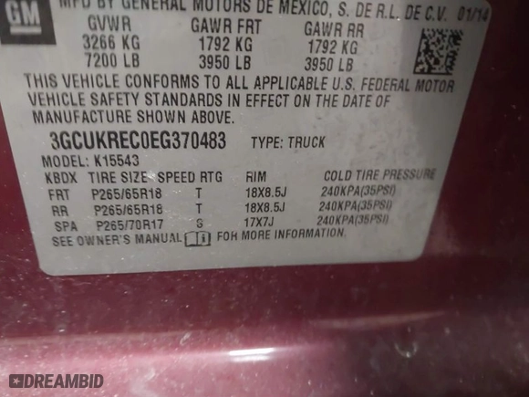 2014 Chevrolet Silverado 1500 LT with VIN 3GCUKREC0EG370483, listed as a IAAI auction lot 41351731 with 70,986 mi miles. Bid and sale history available at carsss.com. Image 9.