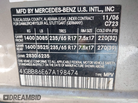 2007 Mercedes-Benz M 350 with VIN 4JGBB86E67A198474, listed as a IAAI auction lot 42323276 with 182,928 mi miles and . Bid and sale history available at DreamBid. Image 9.