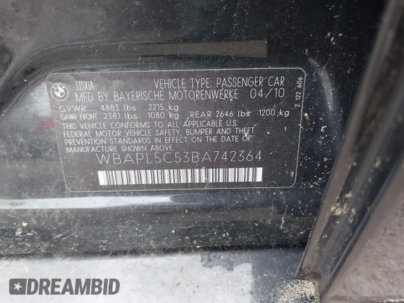2011 BMW 3 Series 335i xDrive с VIN WBAPL5C53BA742364, выставлен на аукционе IAAI как лот 42604717 с пробегом 157 418 миль миль и . История ставок и продаж доступна на DreamBid. Изображение 9.