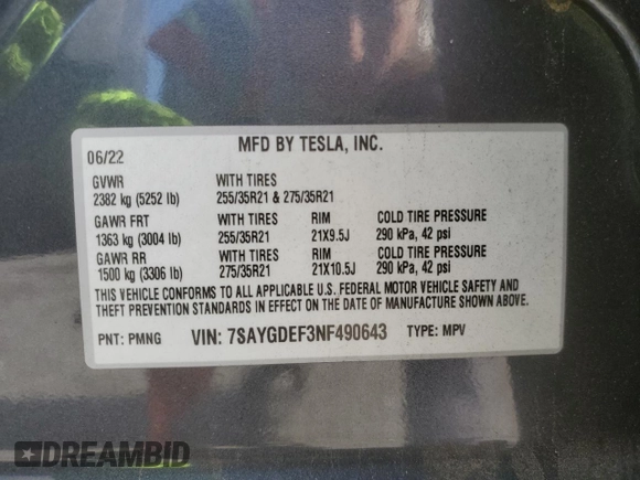 2022 Tesla Model Y Performance with VIN 7SAYGDEF3NF490643, listed as a Copart auction lot 46975825 with 50,792 mi miles and Salvage Title. Bid and sale history available at DreamBid. Image 14.