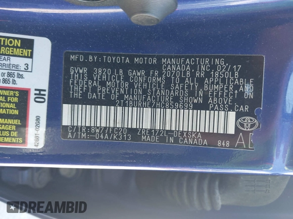 2017 Toyota Corolla L with VIN 2T1BURHE7HC859699, listed as a IAAI auction lot 42186038 with 91,444 mi miles and . Bid and sale history available at DreamBid. Image 9.