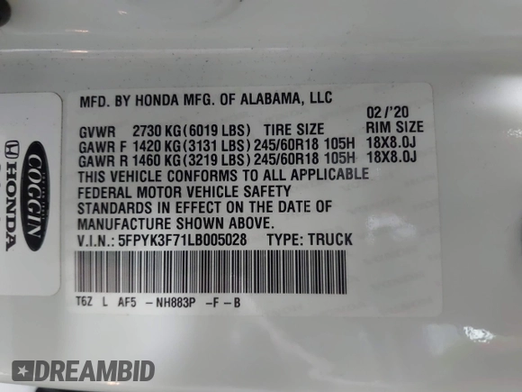 2020 Honda Ridgeline RTL-E with VIN 5FPYK3F71LB005028, listed as a IAAI auction lot 42167883 with 81,882 mi miles and . Bid and sale history available at DreamBid. Image 9.